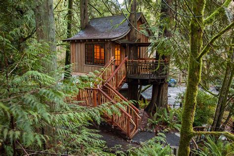 Treehouse point treehouses. jap1110867. Treehouse Point features several rustic treehouses nestled in a luscious moss and fern-filled forest 30 minutes outside of Seattle. Visitors can rent treehouses constructed out of knotted wood with mystical names such as Temple of the Blue Moon, Trillium, and Ananda. 