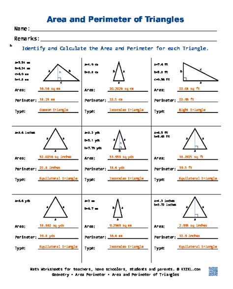 Triangle Inequality theorem Worksheet area and Perimeter Of