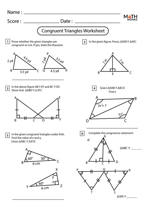 1. Review the definitions of the different triangle congruence theorems (SAS, SSS, ASA, AAS). 2. Draw a triangle on the worksheet and label the sides and angles. 3. Determine which congruence theorem applies to the given triangle. 4. Write down the appropriate statement for the given theorem. 5.. 