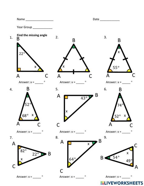 Triangles, identifying and finding missing angles Angles worksheet