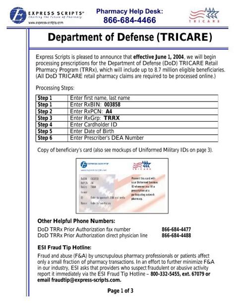 Tricare bin number. Step 1 Enter first name, last name Step 1 Enter RxBIN: 003858 Step 2 Enter RxPCN: A4 Step 3 Enter RxGrp: TRRX Step 4 Enter Cardholder ID Step 5 Enter Date of Birth Step 6 … 
