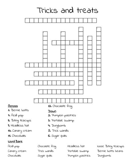 The crossword clue Trick or treat time with 9 letters was last seen on the October 27, 2023. We found 20 possible solutions for this clue. We think the likely answer to this clue is HALLOWEEN. You can easily improve your search by specifying the number of letters in the answer. ... Flinch, Perhaps Crossword Clue; Faux — Crossword Clue; In The ...