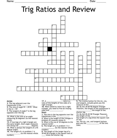 Trig ratio crossword. Find the answer to the crossword clue Trig figure: Abbr.. 1 answer to this clue. Crossword Clue Solver - The Crossword Solver. Home; Quick Solve; Solution Wizard; Clue Database; Crossword Forum; Anagram Solver; Online Crosswords; ... Trig ratio: Abbr. Trigonometry abbr. Type of lettuce Variety of lettuce W.S.J. subjects Yellow pages listings: Ab 