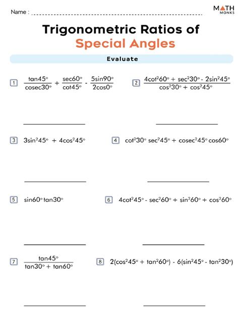 Trigonometric Functions Of Special Angles Worksheet Answers