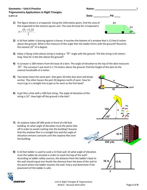 Trigonometry Word Problems Worksheet Answers