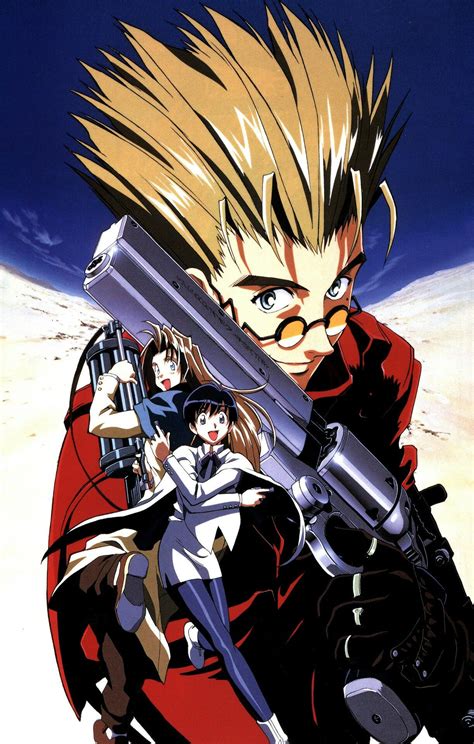 Trigun anime. Season 1. Vash the Stampede is a wanted gunslinger with a habit of turning entire towns into rubble. His path of destruction reaches across the wastelands of a desert planet. Oddly enough, for such an infamous outlaw, there’s no proof he’s ever taken a life. In fact, he’s a pacifist who’s more doofus than desperado. 