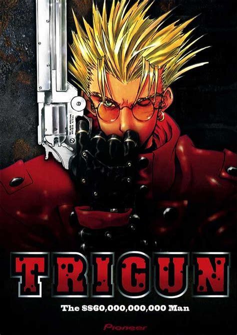 Trigun anime series. Trigun. Season 1. Vash the Stampede is a wanted gunslinger with a habit of turning entire towns into rubble. His path of destruction reaches across the wastelands of a desert planet. Oddly enough, for such an infamous outlaw, there’s no proof he’s ever taken a life. In fact, he’s a pacifist who’s more doofus than desperado. 