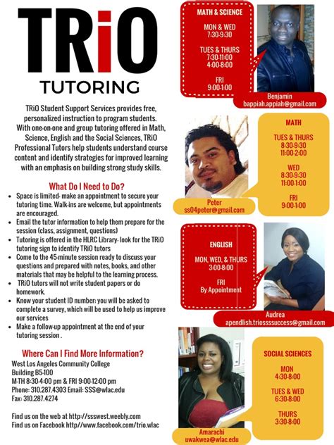 Trio tutoring. Individual and Group Tutoring Individualized tutoring sessions in multiple subject areas are offered to all of our participants. SSS has a great team of dedicated and personable tutors who strive to help each student excel academically. ... (*Please contact a TRIO staff member for details) Financial Aid Assistance Supplemental grants are ... 