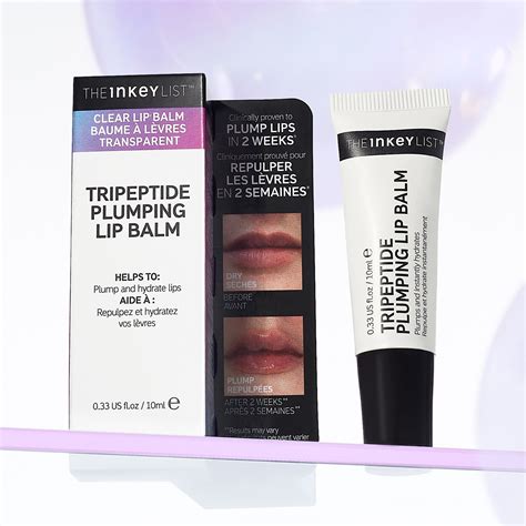 Tripeptide plumping lip balm. Clinically proven to plump lips by up to 40% in 4 weeks*, The INKEY List's Tripeptide Plumping Lip Balm hydrates, repairs and plumps lips leaving them looking naturally fuller and healthier. Specially formulated for maximum fullness without any tingle or irritation, the plumping balm works over time to visibly increase lip volume. 