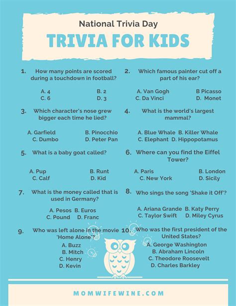 Over 112,714 trivia questions to answer. Play our Kids Trivia Quizzes - For Children quiz games now! How much do you know? Fun Trivia. ... This fun quiz was created in mind for our small friends on Fun Trivia. However, I'm sure the older ones will enjoy guessing the small items or objects just as much. Very Easy, 10 Qns, Lilady, May 03 21..