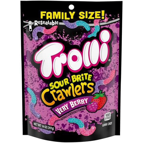 Trolli gummy worms edibles. Trolli Sour Brite Crawlers are multi-flavored gummy worms covered in a tongue-twisting sugary goodness, striking the perfect balance of sweet and sour in every bite. The Original flavors include an assortment of combinations: Cherry-Lemon, Strawberry-Grape and Orange-Lime. 