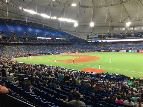 May 2016. ---. Section 123 is down the left field line at Tropicana Field. A walkway separates the lower and upper portions of these sections. Row QQ is the second row behind the walkway. Rows XX and higher are obstructed by the press level overhang, but this does not affect row QQ. Seat 9 is at the end of the row.. 