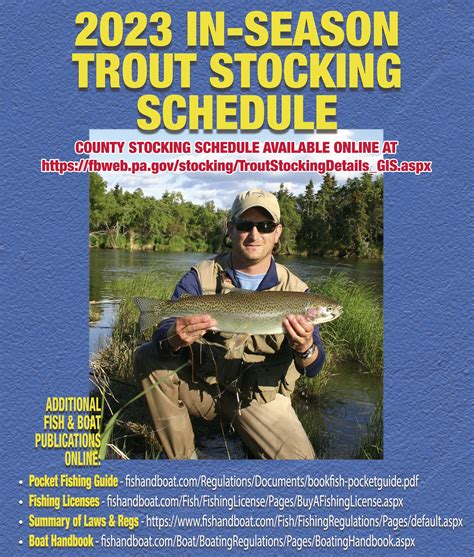 Spring trout stocking begins in March and runs through early June. These listings reflect the anticipated distribution of yearling and older trout for the spring fishing season. Actual numbers and stocking times may vary depending on fish availability and weather conditions. The fish are stocked with help from County Federated Sportsmen.. 
