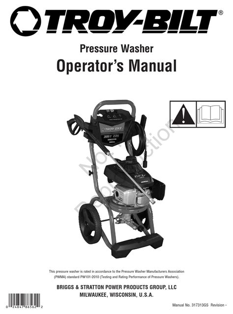 Troy bilt power washer manual. TROY BILT Pressure Washer 2,700 PSI 2.3 GPM #57353 Model 020487-0. Powered by a Briggs & Stratton Professional Series™ OHV 7.75 ft-lbs gross torque engine with ReadyStart® and Fresh Start® fuel cap; runs cooler, longer, and delivers more power with reduced sound levels. Fold-down handle design for compact and convenient storage 