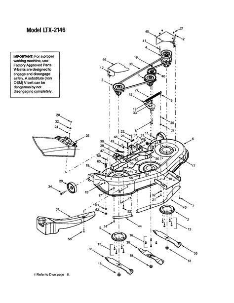 Check the blade (s) and engine mounting bolts at frequent intervals for proper tightness. Also, visually inspect blade (s) for damage (e.g., excessive wear, bent, cracked). Replace the blade (s) with the original equipment manufacturer’s (O.E.M.) blade (s) only, listed in this manual.. Troy-bilt 50 inch deck belt diagram