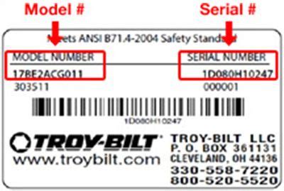 Find parts and product manuals for your Troy-Bilt Snow Blower Model 31AM63P3711. Free shipping on parts orders over $45. ... Search. Cart 0. Lawn Mowers. Riding Lawn Mowers. Electric Riding Mowers. ... The product's model number is essential to finding correct Troy-Bilt® genuine factory replacement part numbers for your outdoor power …. 