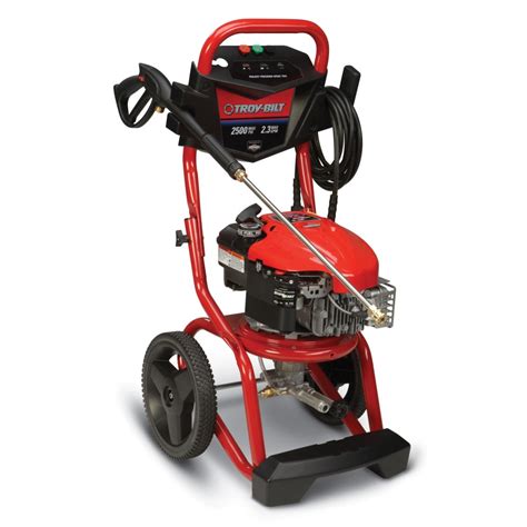 3000-PSI and 2.7-GPM Troy-Bilt XP gas pressure washer is ideal for heavy-duty applications like cleaning garage floors, driveways and stain removal. Brass axial cam pump with Easy Start pump technology is durable and maintenance free. 5 pro-style tips, including 0°, 25° and 40° with quick disconnect allows you to easily change tips.. 