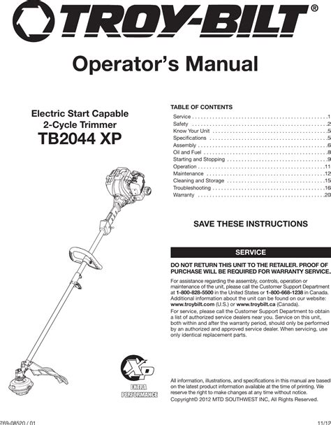 TB30R. WARNING. READ AND FOLLOW ALL SAFETY RULES AND INSTRUCTIONS IN THIS MANUAL. BEFORE ATTEMPTING TO OPERATE THIS MACHINE. FAILURE TO COMPLY WITH THESE INSTRUCTIONS MAY RESULT IN PERSONAL INJURY. TROY-BILT LLC, P.O. BOX 361131 CLEVELAND, OHIO 44136-0019. Printed In USA.