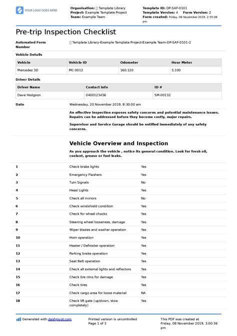 Truck Driver Checklist Template