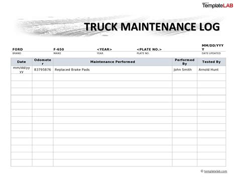 Truck Service Record Template