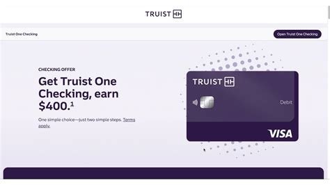 Truist One Checking. Start banking. Truist Bank, Member FDIC. Insider's Rating 4/5. Perks. Earn $400 for opening a new Truist One Checking account online using code TRUIST400AFL24 and completing ...