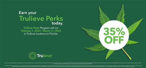 Trulieve promotions florida. Shop Trulieve's Jacksonville Southside dispensary for delivery or local pickup. ... 10/12/2023 in Florida locations only. Orders must be picked up by end of day on 10/12/2023 to qualify, store hours may vary. For delivery orders, orders must be placed by 10/12/2023 to qualify for savings. Pre-roll promotion excludes Khalifa Kush, AlienLabs ... 