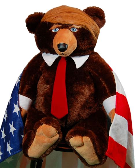 Trumpy bear. Nov 12, 2018 · Trumpy Bear is 22 inches long. He wears a long, red tie, a shirt collar and cuffs, and nothing else. He has bushy brows, wispy, corn-colored hair, a small, puckered mouth, and in his bowels lives an American flag blanket that you can yank out of his guts through a secret zipper at the back of his neck. 