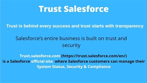 Trust salesforce. The Salesforce Trust site provides a central, always available, and holistic place to see the status of Salesforce services and upcoming availability impacting activities. Tillid er vores vigtigste værdi. 