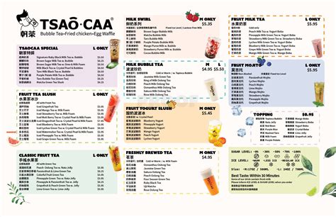 Tsaocaa tampa 朝茶. Use your Uber account to order delivery from Tsaôcaa 朝茶 (St Augustine) in Saint Augustine. Browse the menu, view popular items, and track your order. ... Tsaocaa Special. Fruit Milk Tea. Hong Kong Egg Waffle. Side. Snack Food. Korean Style Fried Chicken. Macaron. Most Popular #1 most liked. 