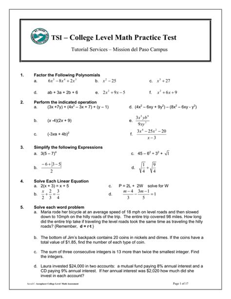 Tsi College Level Math Practice Test Pdf Free Download