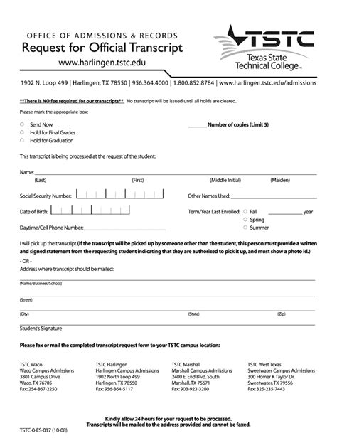 Tstc transcript request. Your Howard College transcripts can be mailed to an individual, College, or University. To be mailed to an individual: If you are requesting transcripts to be mailed to an individual, it must be done using the form. Please complete the Transcript Request Form and submit it to the appropriate office. 