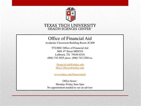Texas Tech University Scholarship Office Corner of Broadway & Akron West Hall, Room 301 Lubbock, TX 79409-5011. Address. Texas Tech University Scholarship Office BOX 45011 Lubbock, TX 79409-5011. Office Phone Number: (806) 742-3681 Office Fax Number: 806-742-2901 Office E-Mail: scholarships@ttu.edu. 