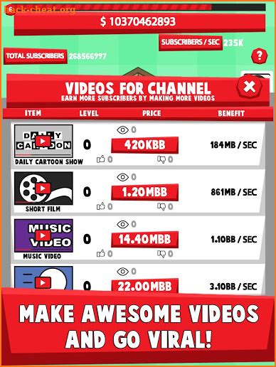  After certain levels, you can upgrade your tools to multiply their views per second. Per 500 views you get a new subscriber which is important to unlock new tools. Occasionally, you can upload a new video which boosts your viewers and gives money instantly. Can you become successful in this business? Find out in Tube Clicker! 