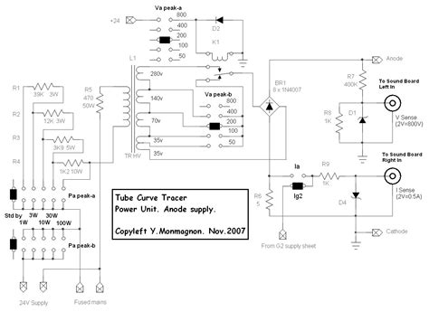Tube curve tracer schematic.  The procedure describes connecting an oscillos...