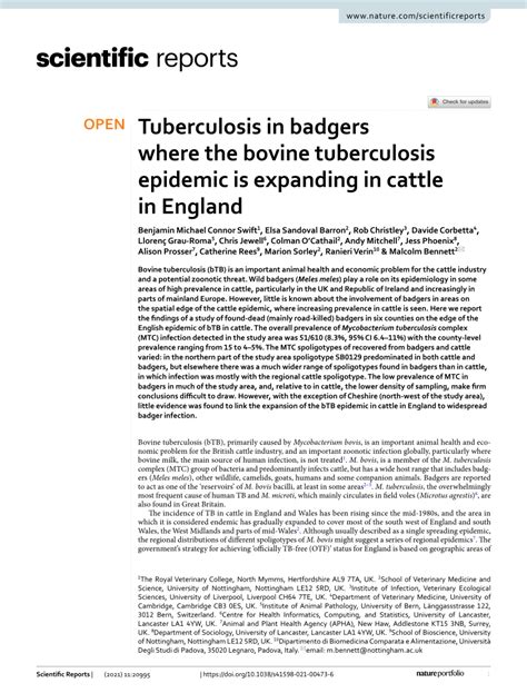 Tuberculosis in badgers where the bovine tuberculosis epidemic is ...