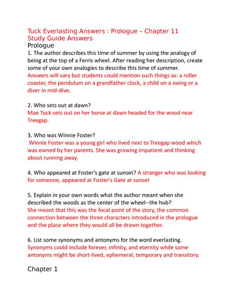 Tuck Everlasting Study Questions And Answers