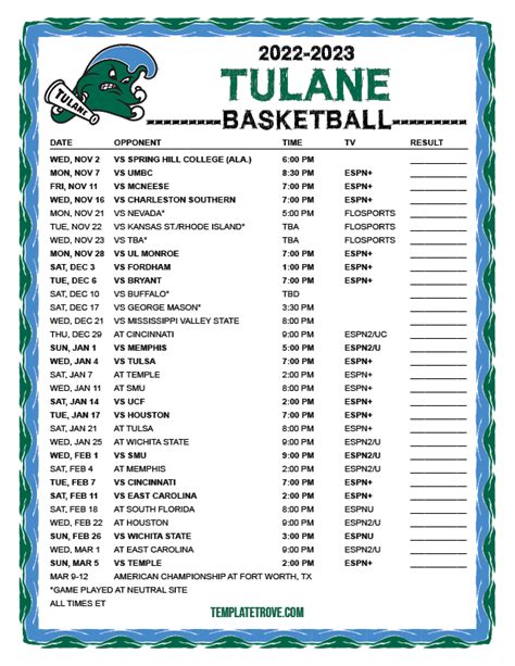 FULL SCHEDULE NEW ORLEANS – Tulane University Women's Basketball, in conjunction with the American Athletic Conference, announced its 2022-23 schedule on Wednesday. The Green Wave will open their AAC slate with a two-game homestand in Uptown as it welcomes South Florida on Saturday, December 31, at 1 p.m. CT and Houston on Thursday, January 5, at 6 p.m. CT to Avron B. Fogelman Arena in the .... 