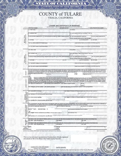 Tulare county marriage license. You will need to fill out an application and pay the required fee before you will receive your marriage license. The Tulare County Clerk’s office is in Room 103 in the Courthouse at 221 S. Mooney Boulevard in Visalia. The County Clerk’s office issues marriage licenses from 8:00 a.m. to 3:30 p.m. Monday through Friday. 