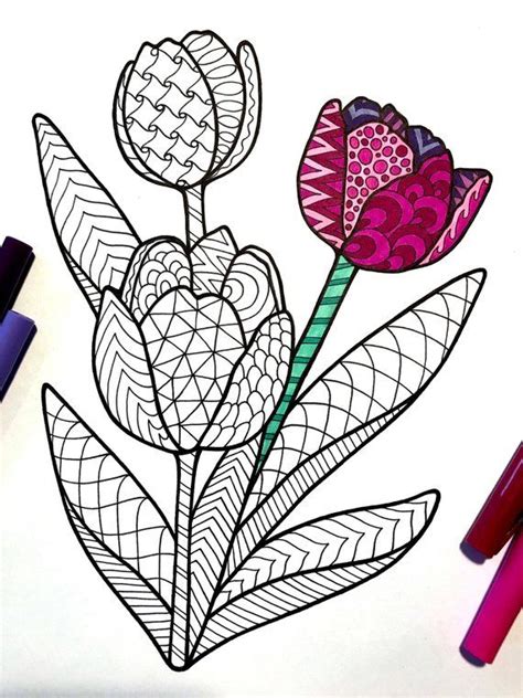 Tulips PDF Zentangle Coloring Page Scribble & Stitch