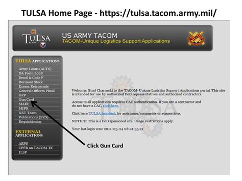 – TULSA Administrators need to know what your job is. • The Armor commodity covers the Abrams ... Points of Contact for the TULSA Gun Card Application Artillery: tacom-lcmc.ilsc_artillery_gun_cards@mail.mil: Name . Role : Comm. Phone . DSN Phone : Email . Frank Knight : M109 . 586-282-3436 : 786-3436 .. 