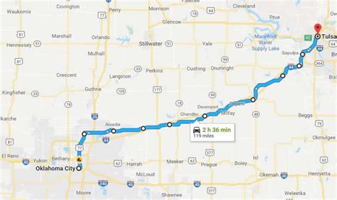 The total driving time is 1 hour, 48 minutes. Your trip begins in Tulsa, Oklahoma. It ends at Will Rogers World Airport in Oklahoma City, Oklahoma. If you're planning a road trip, you might be interested in seeing the total driving distance from Tulsa, OK to OKC..