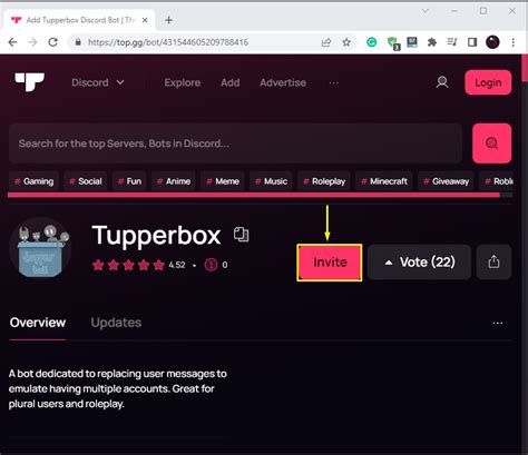 Tupperbox discord invite. May 25, 2023 · That’s it, Tupperbox has granted all permissions. Disable Adblocker. As you know Tupperbox is an additional tool for discord servers. In such a case, the Ad blocker becomes a hurdle for Tupperbox. However, Users enable it for hesitation-free web experience. But, few users claimed that disabling the ad-blocker fixed their issue on Tupperbox. 