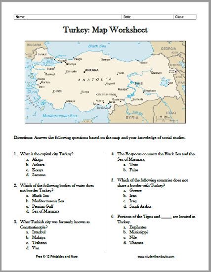Turkey Map Worksheet Student Handouts