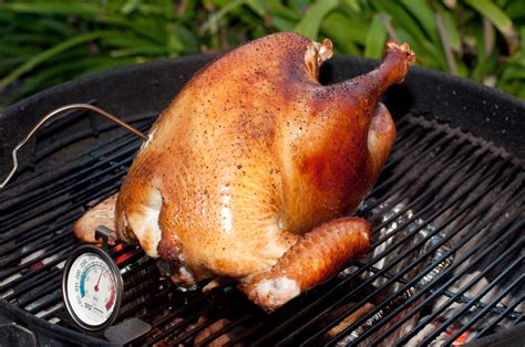 Turkey on grill. For the Turkey. Start up pellet grill with your choice of wood pellets. Remove turkey from bine and pat down with paper towels to remove excess solution. Transfer turkey to grill grates and cook at 180°F. Smoke for two hours. Raise heat to 325°F. Use a meat thermometer to measure the internal temperature of your meat. 