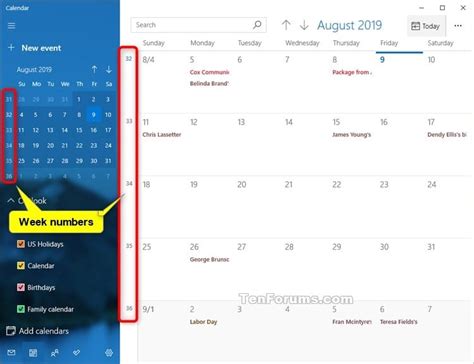 Turn On or Off Week Numbers for Calendar app in Windows 10