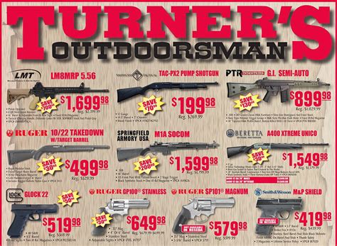 Turner outdoorsman weekly ad. Find all deals and offers in the latest Turner’s Outdoorsman ad for your local store. Promotions, discounts, rebates, coupons, specials, and the best sales for this week are available in the weekly ad circular for your store. iWeeklyAds.com is the essential website for your weekly shopping. 