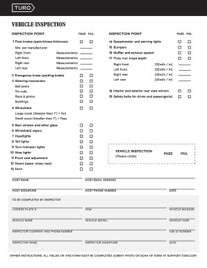 Turo annual inspection. The inspection form itself takes about 5-10 minutes to fill out. You'll need to upload photos according to the requested format (refer to list below in FAQ, or follow the guideline during filling out the form). After the payment is approved, the processing of filled information takes about 15 minutes. As soon as our mechanic is done with the ... 