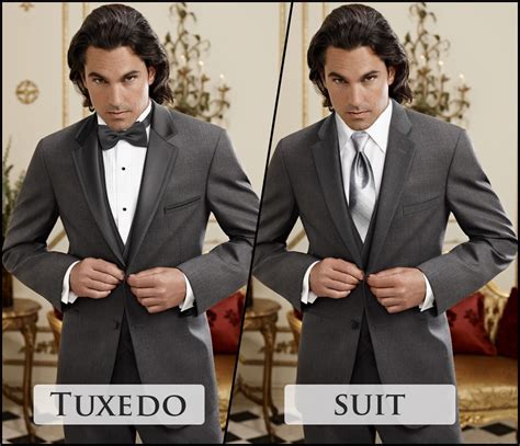 Tux vs suit wedding. Diffen › Fashion & Beauty. A suit is a set of garments made from same cloth and consists of a jacket and trousers. A suit is ideal for formal occasions and is mostly worn at work during the day. A tuxedo (or tux) is a form of dinner jacket, different from a formal suit and more appropriate for semi-formal evening events or black tie events. 
