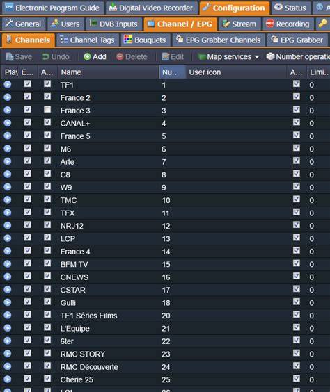 Tvheadend channels.  The channels are listed / edited in a grid.  In "File or URL&qu...