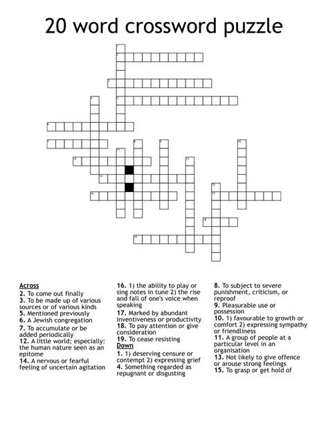 Twenty fr crossword. We found 5 answers for the crossword clue Twenty-four hours. A further 4 clues may be related. If you haven't solved the crossword clue Twenty-four hours yet try to search our Crossword Dictionary by entering the letters you already know! (Enter a dot for each missing letters, e.g. “P.ZZ..” will find “PUZZLE”.) 